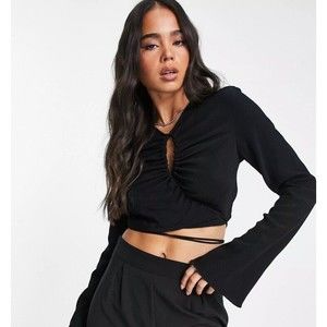 NWT Weekday Cassie Wrap Blouse Bell Sleeve Crop Top Black Size XS